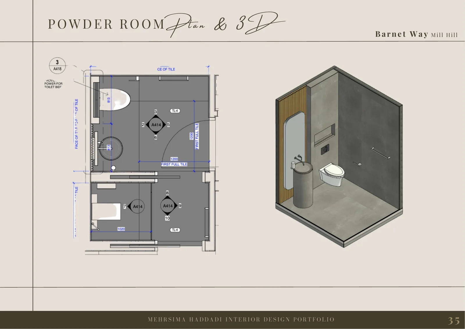 London House powder room plan and three-dimensional design